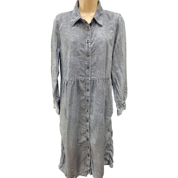 Coldwater creek 14 PETITE 14P chambray stripe button front pocket dress lyocell - Picture 1 of 9